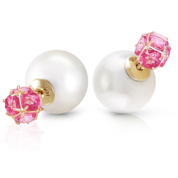 14K. GOLD TRIBAL DOUBLE SHELL PEARLS AND PINK TOPAZ STUD EARRINGS (Yellow Gold) - Picture 3 of 6